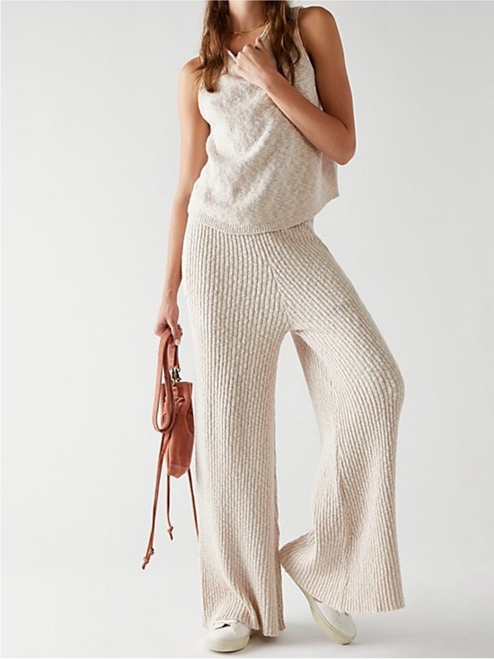 NWT Free People Beach Adelaide Sweater Set Beige Tan Wide Leg Pants Tank Large